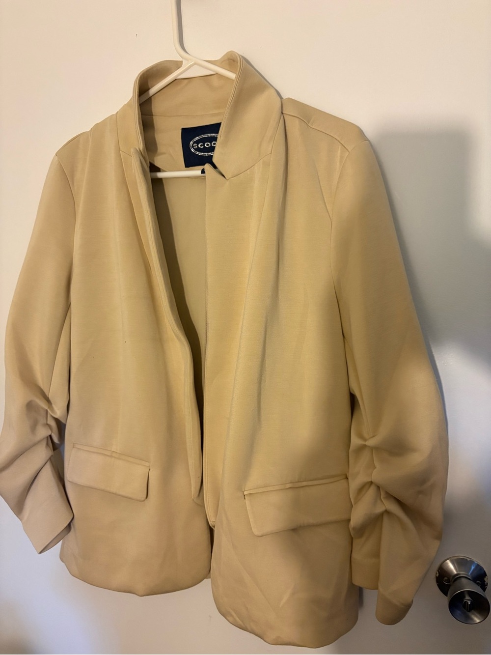 Scoop Women’s Medium Beige Ruched Sleeve Open Front Blazer Stretch Career Jacket